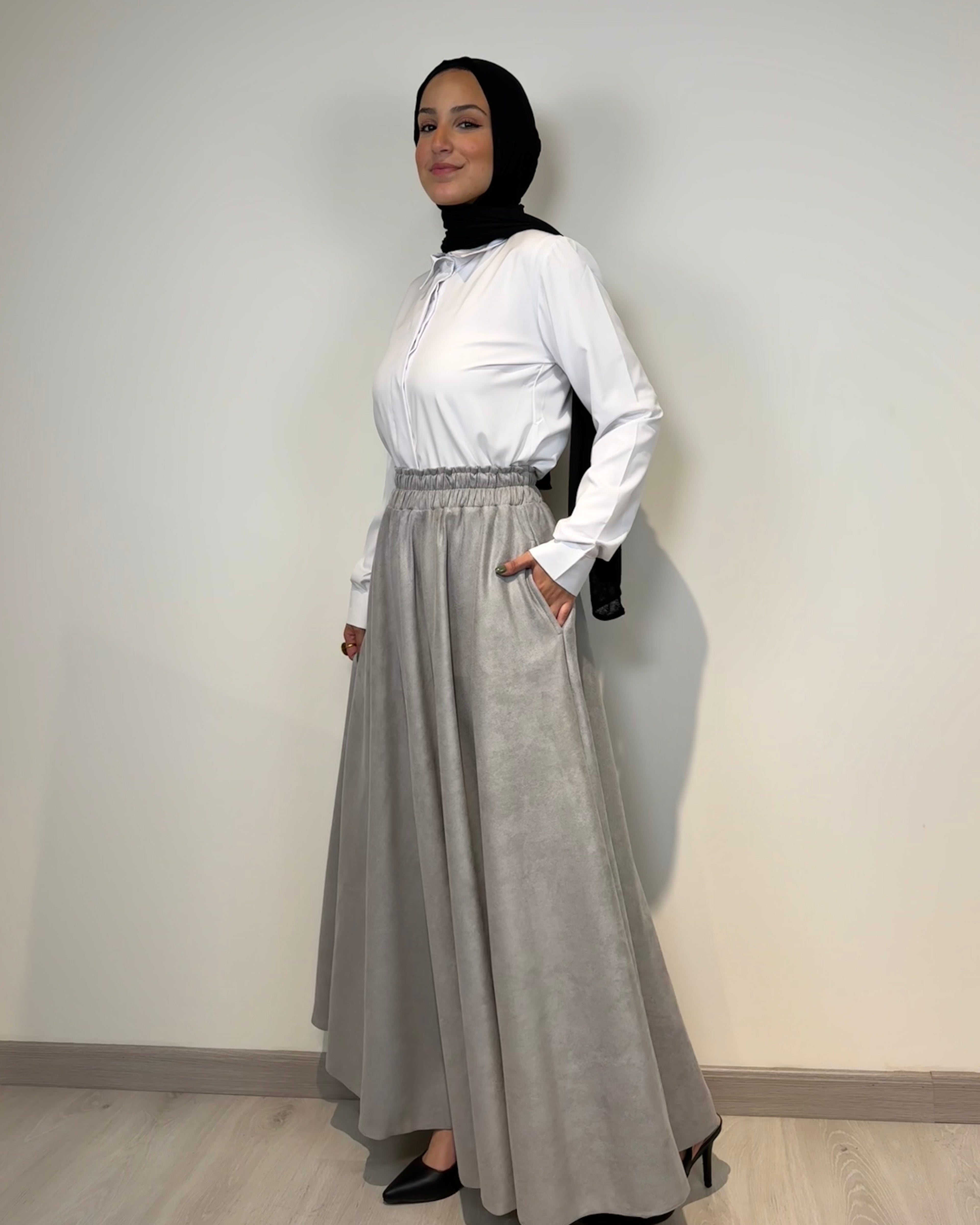 Light Grey full cloche suede skirt with soft texture and elegant modest style