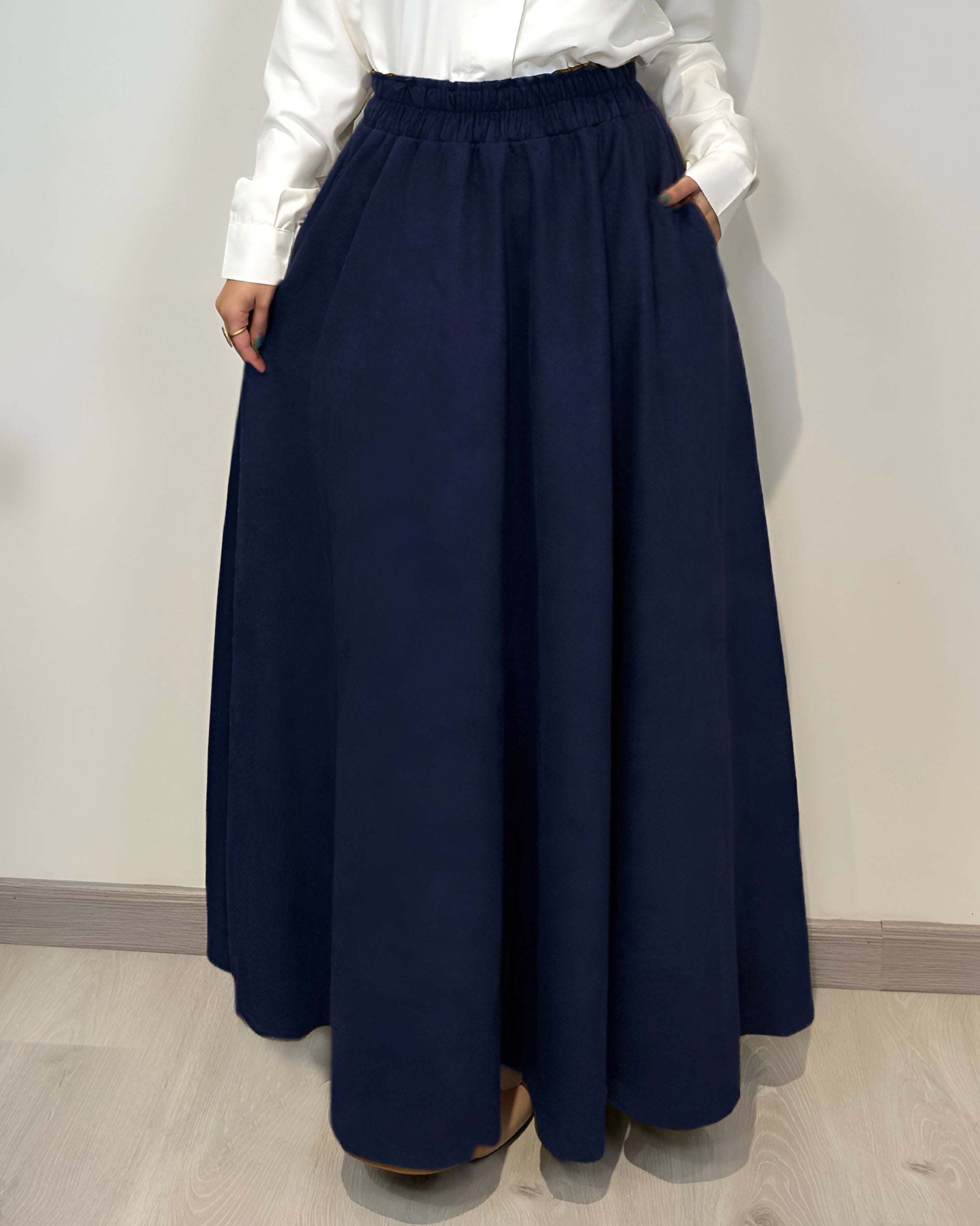 Navy full cloche suede skirt with soft texture and elegant modest style 