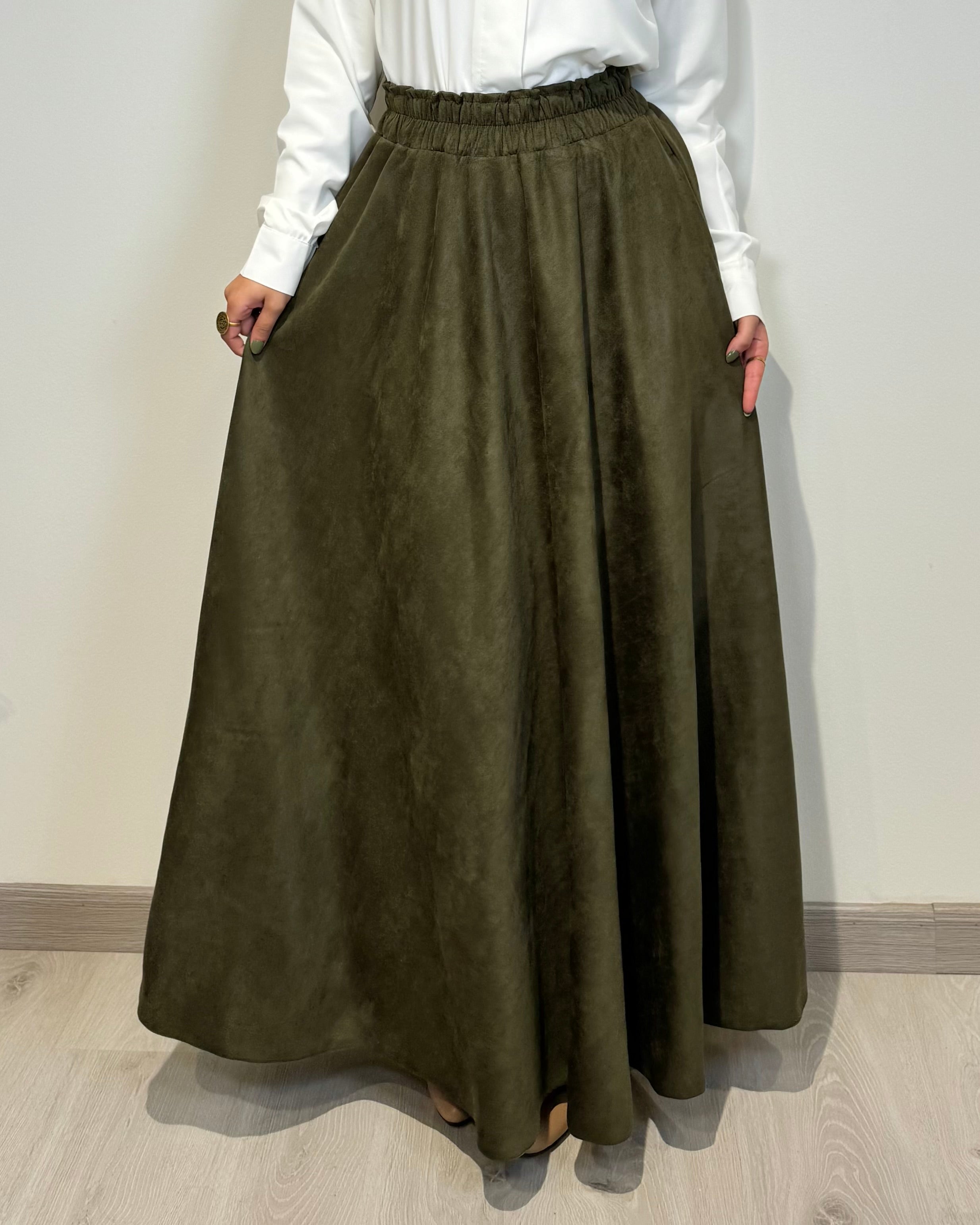Olive full cloche suede skirt with soft texture and elegant modest style