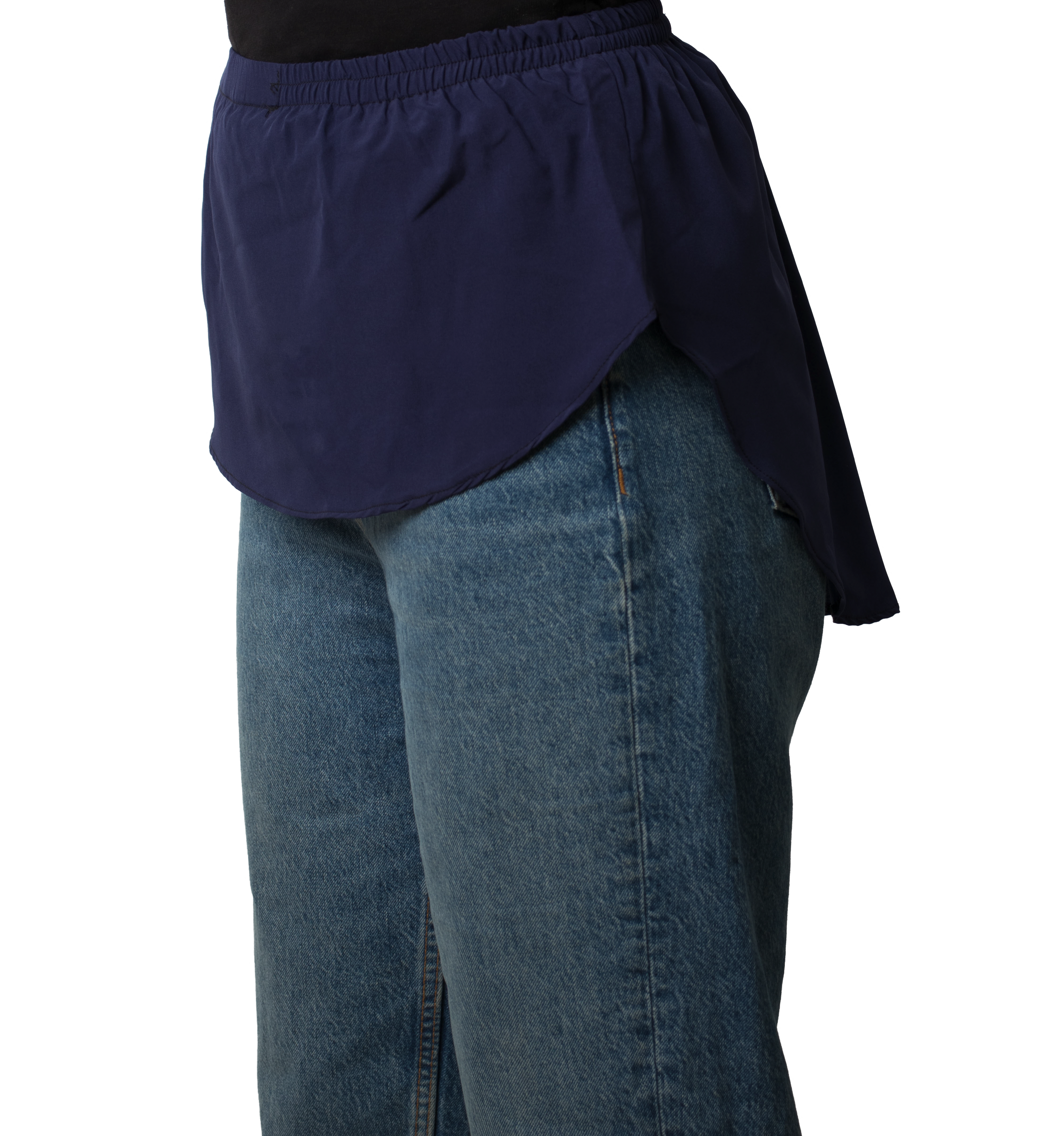 Elegant Hijab Wear navy shirt extender without buttons, 22cm front and 35cm back length, covers short blouses