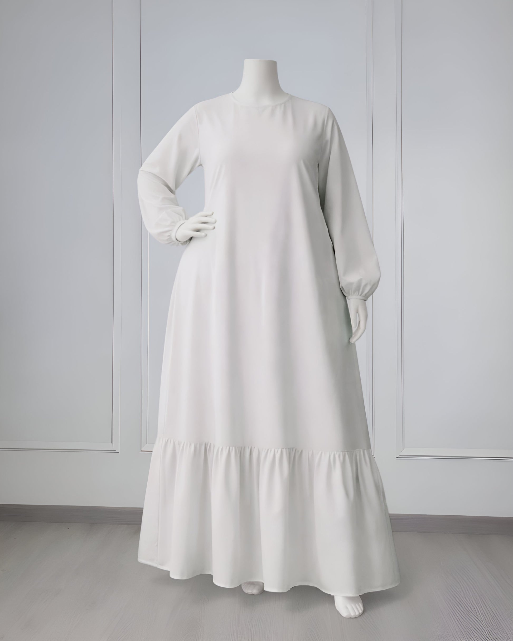 Soft maxi layering dress with ruffle hem and long sleeves, modest loose fit, lightweight fabric, a plus size, suitable for layering or wearing alone