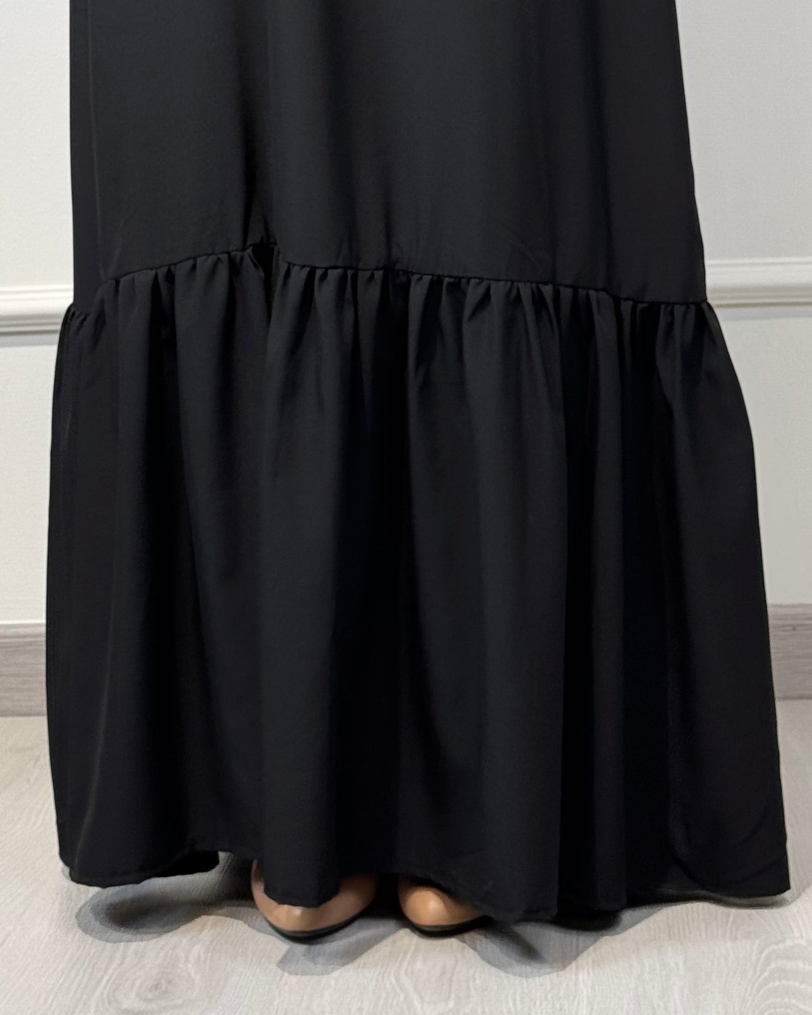 Soft maxi layering dress with ruffle hem and long sleeves, modest loose fit, lightweight fabric, suitable for layering or wearing alone