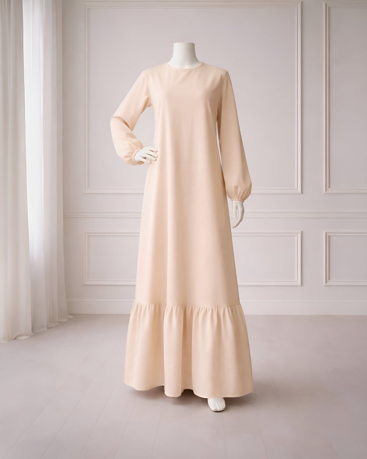 Soft maxi layering dress with ruffle hem and long sleeves, modest loose fit, lightweight fabric, suitable for layering or wearing alone
