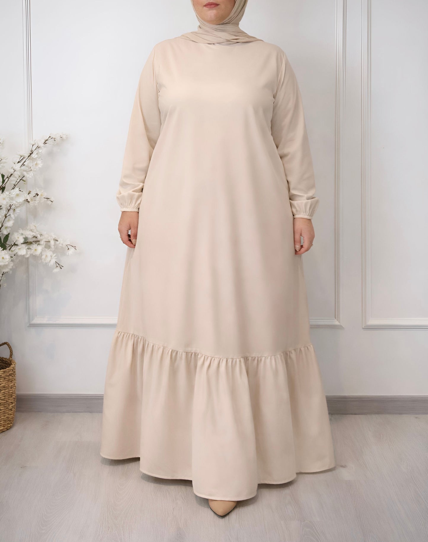 Soft maxi layering dress with ruffle hem and long sleeves, modest loose fit, lightweight fabric, plus size, suitable for layering or wearing alone