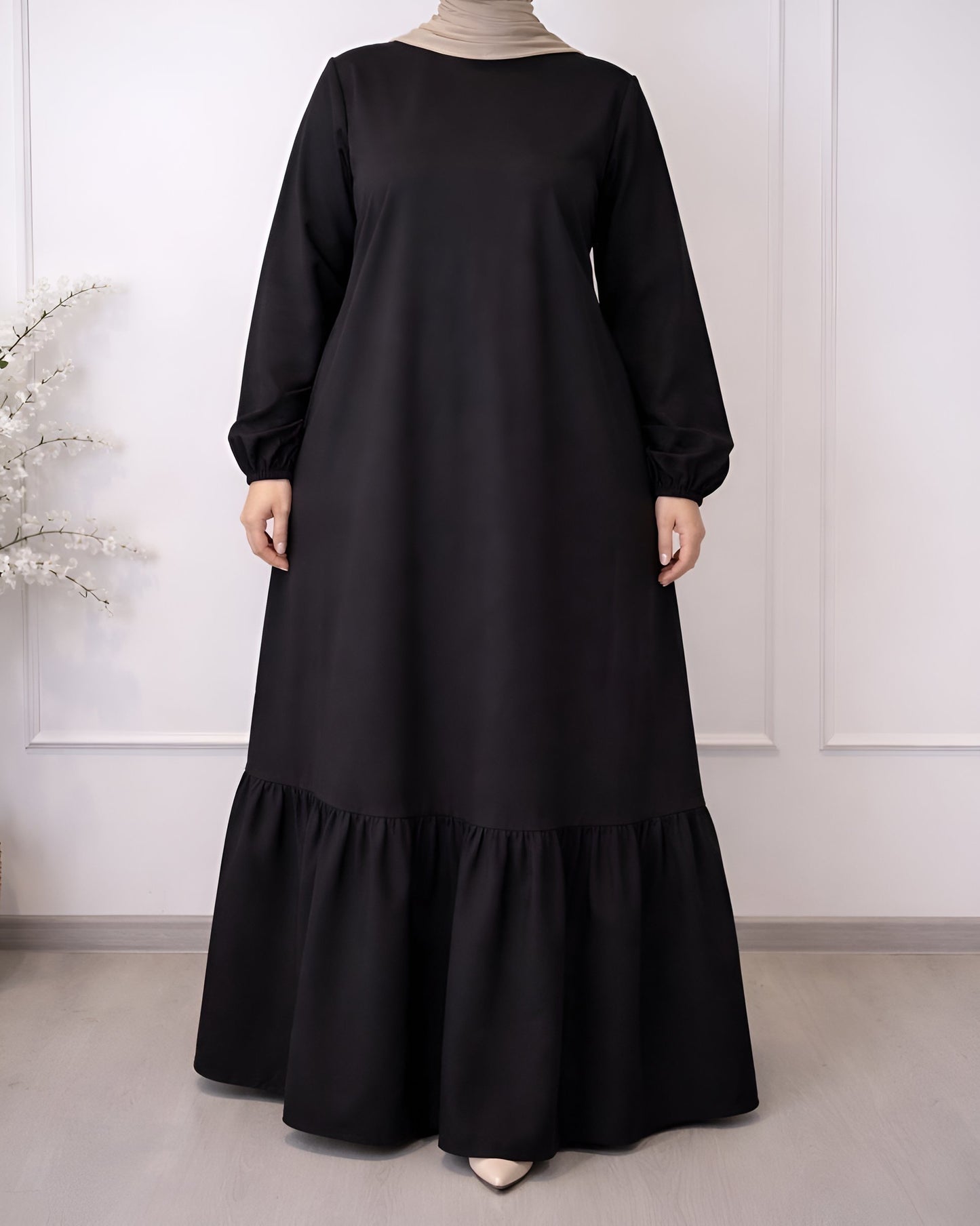 Soft maxi layering dress with ruffle hem and long sleeves, modest loose fit, lightweight fabric, plus size, suitable for layering or wearing alone