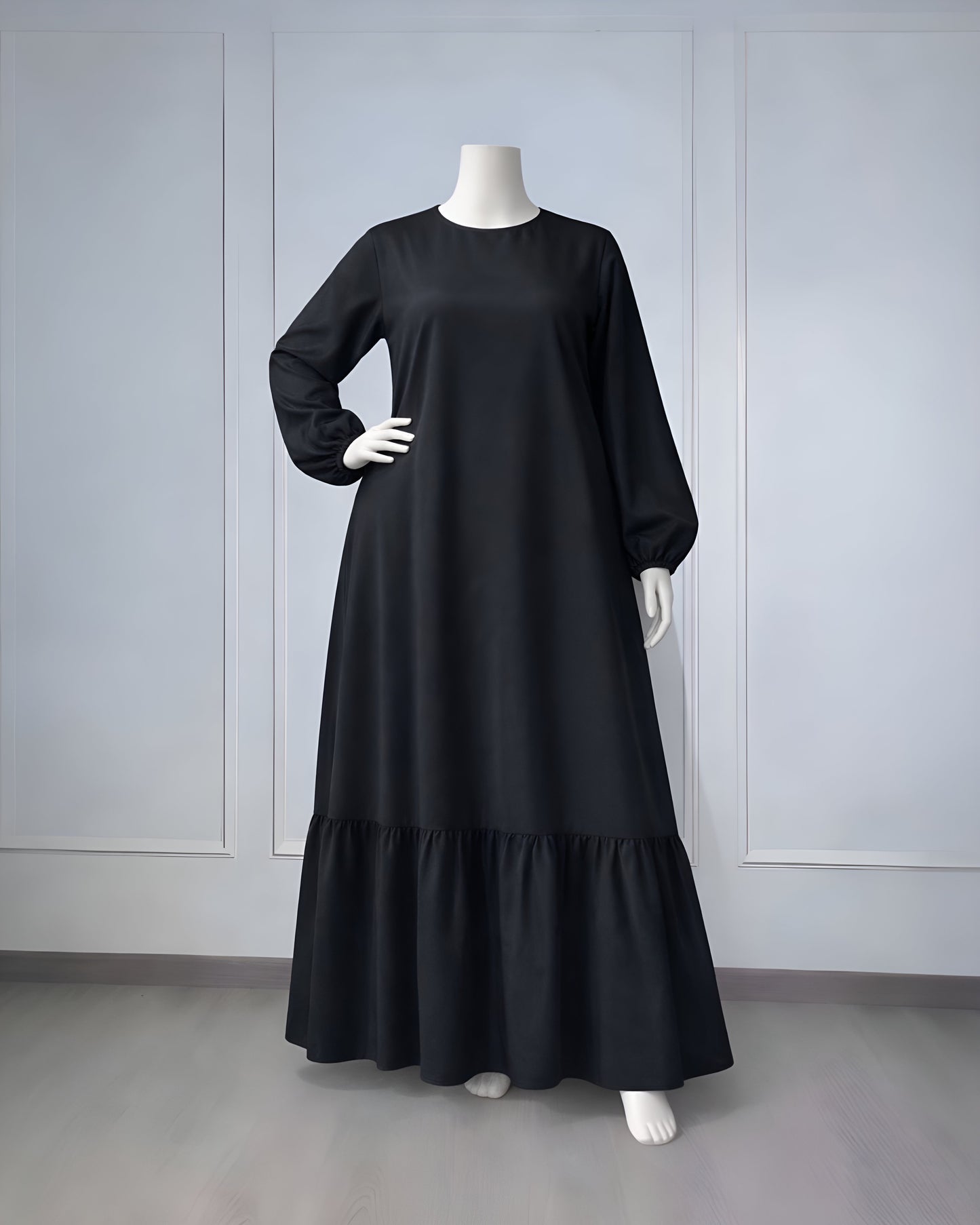Soft maxi layering dress with ruffle hem and long sleeves, modest loose fit, lightweight fabric, plus size, suitable for layering or wearing alone