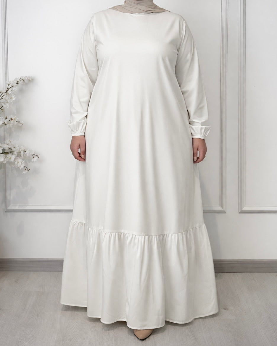 Soft maxi layering dress with ruffle hem and long sleeves, modest loose fit, lightweight fabric, plus size, suitable for layering or wearing alone