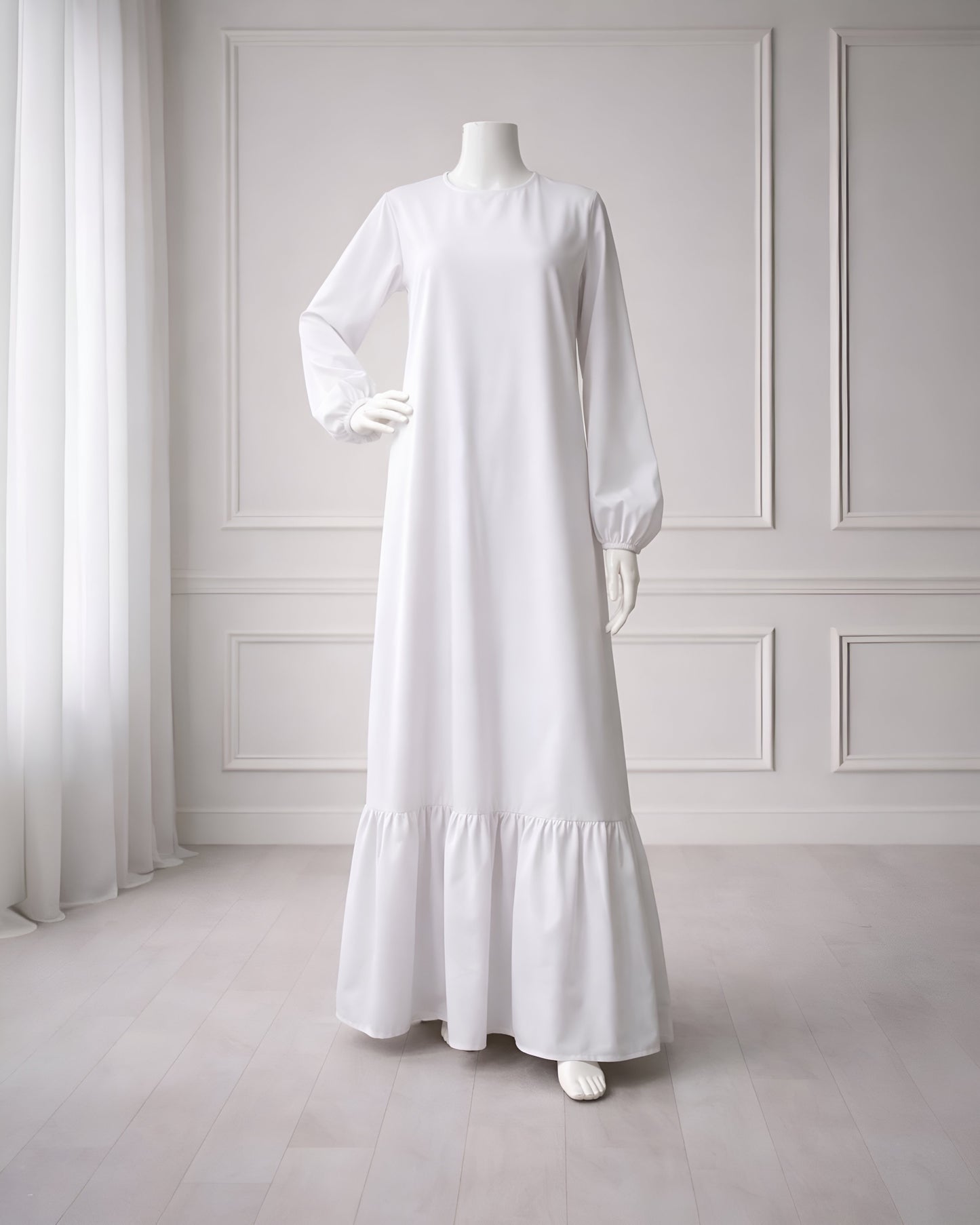 Soft maxi layering dress with ruffle hem and long sleeves, modest loose fit, lightweight fabric, suitable for layering or wearing alone