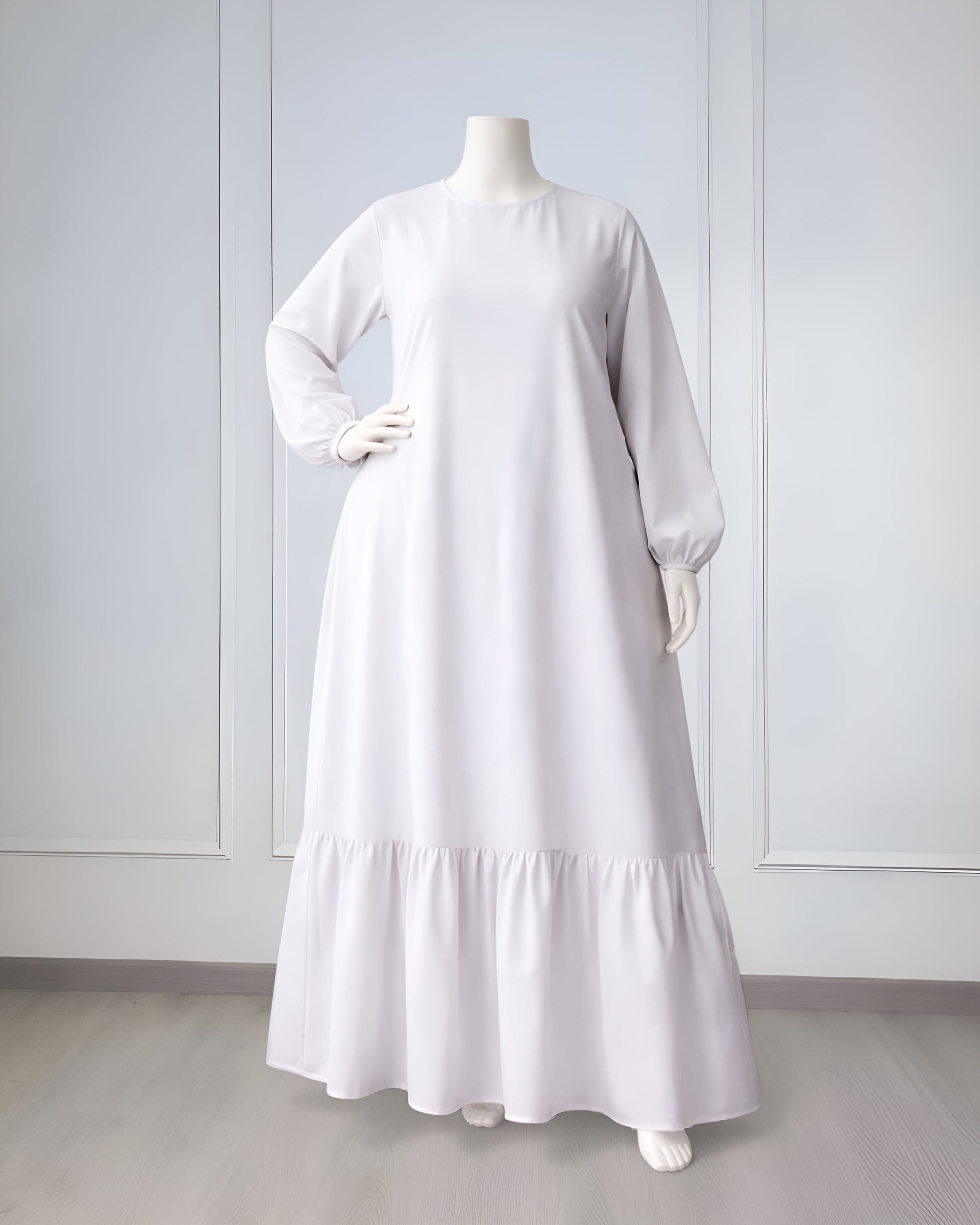 Soft maxi layering dress with ruffle hem and long sleeves, modest loose fit, lightweight fabric, plus size, suitable for layering or wearing alone