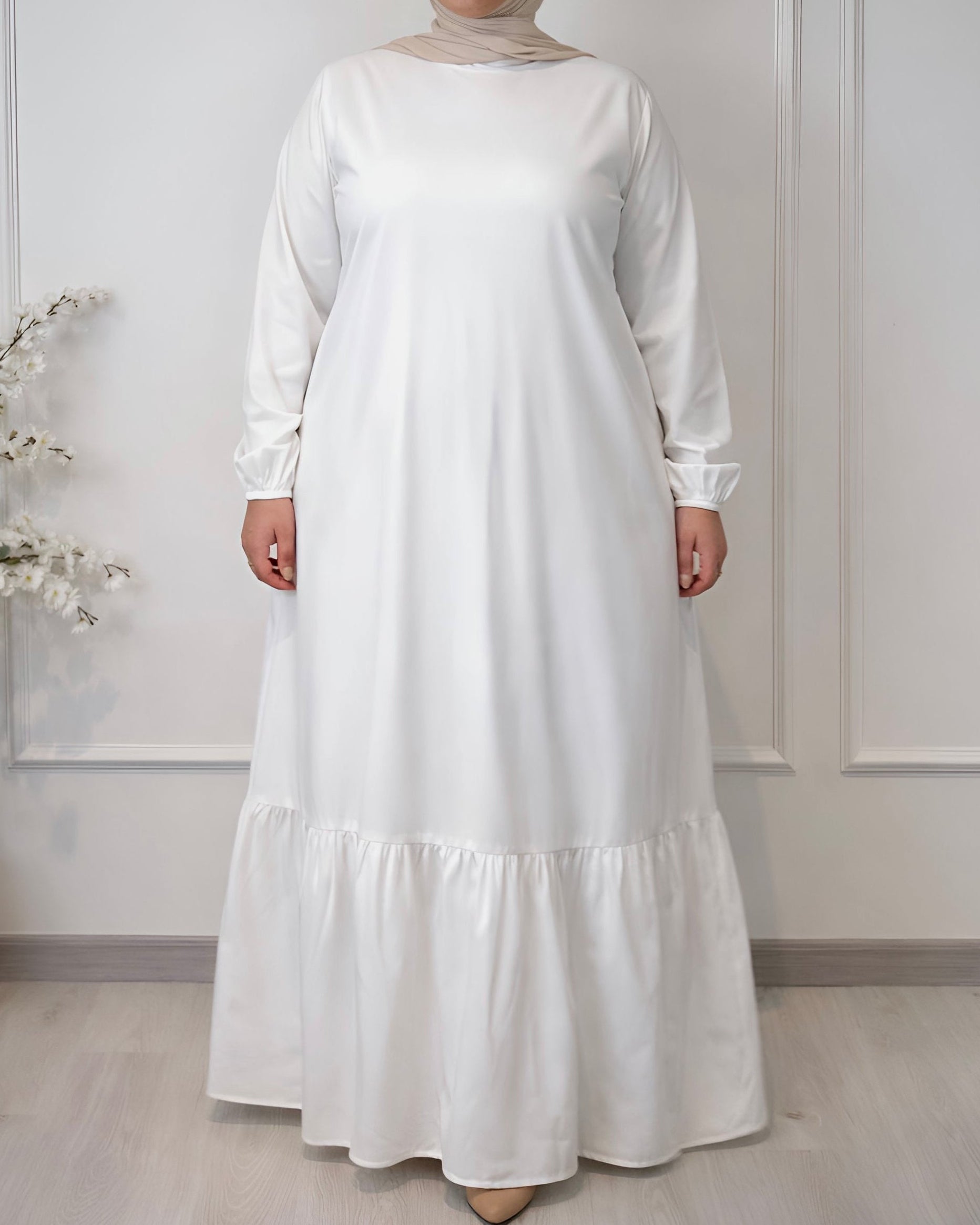 Soft maxi layering dress with ruffle hem and long sleeves, modest loose fit, lightweight fabric, plus size, suitable for layering or wearing alone