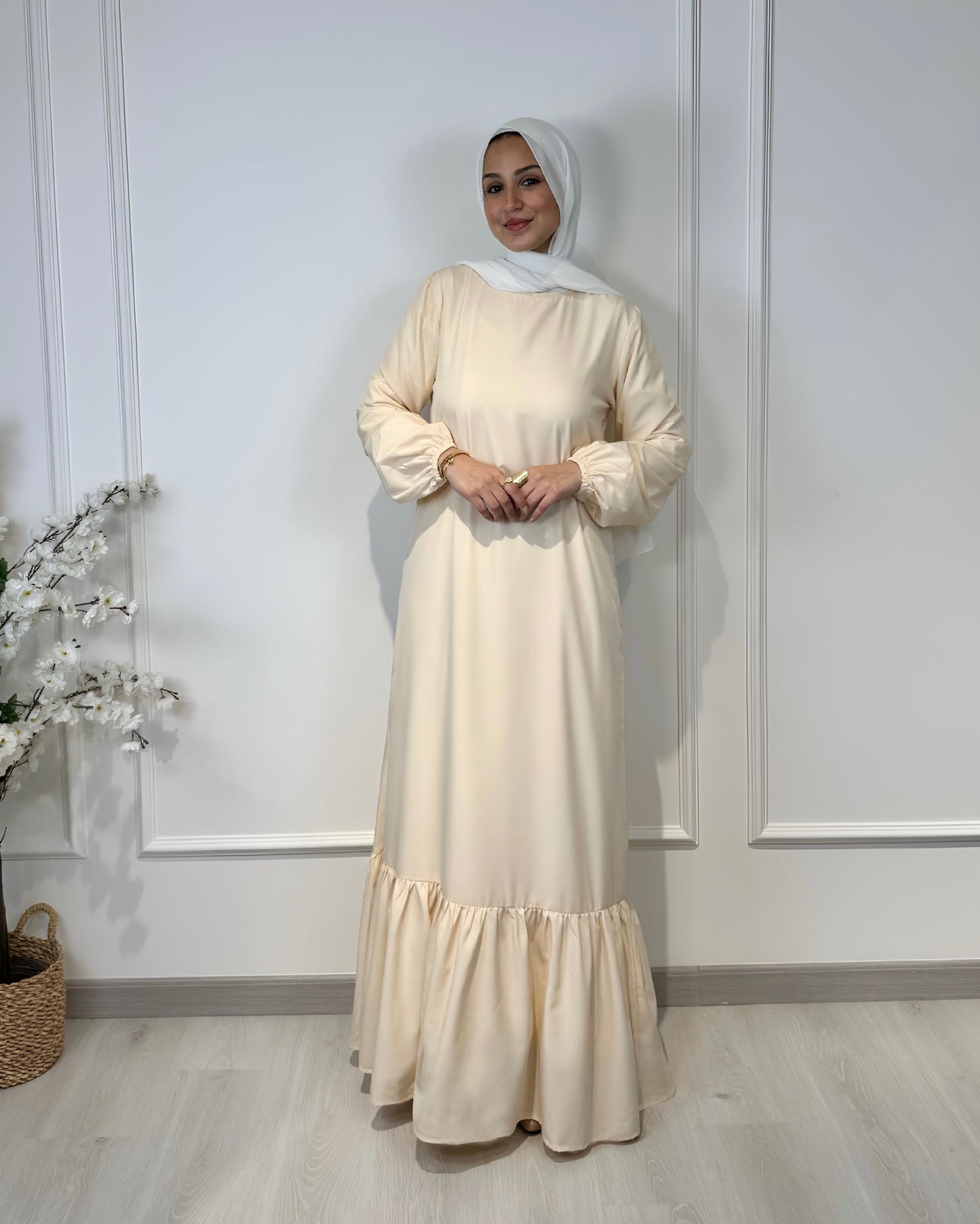 Soft maxi layering dress with ruffle hem and long sleeves, modest loose fit, lightweight fabric, suitable for layering or wearing alone