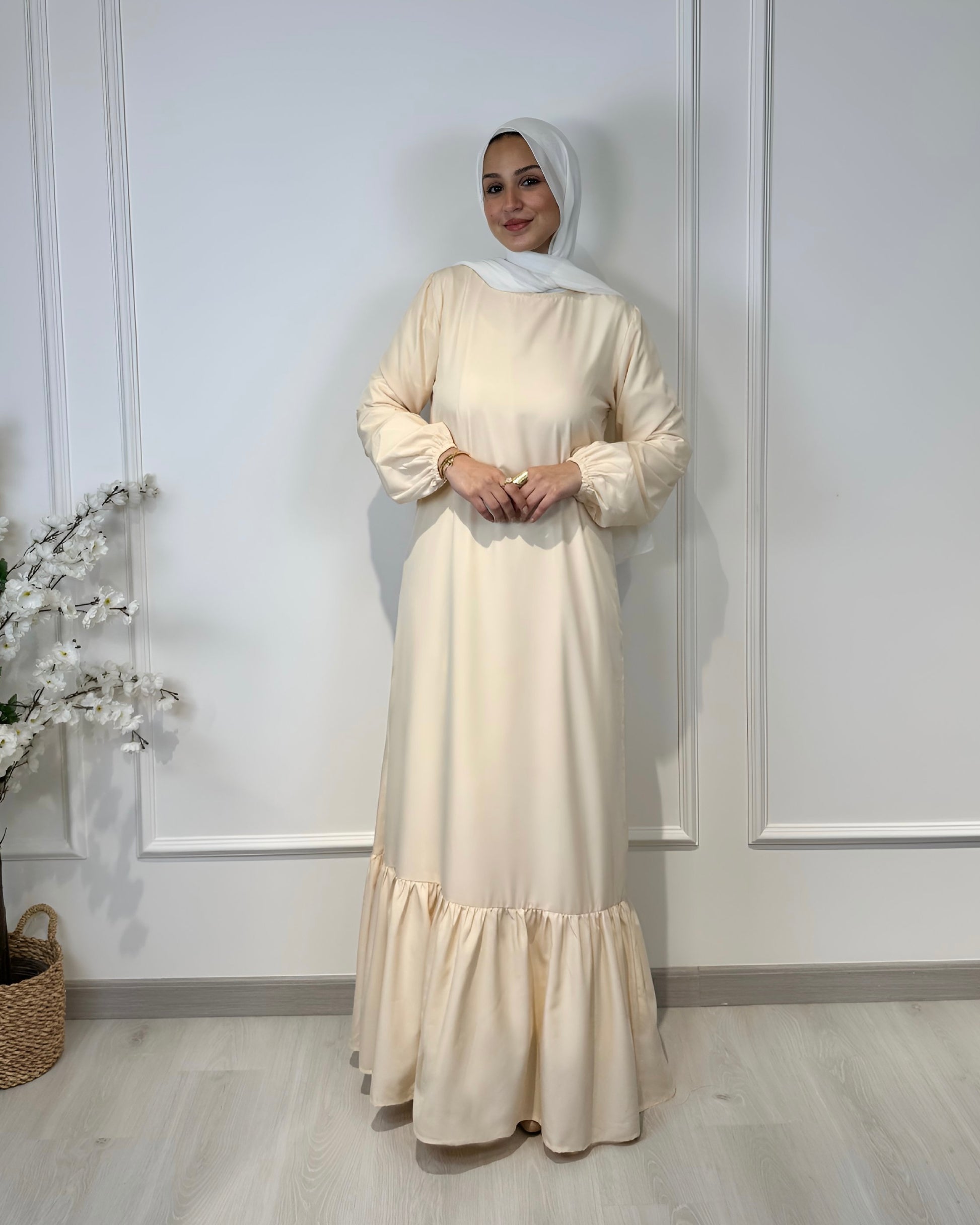 Soft maxi layering dress with ruffle hem and long sleeves, modest loose fit, lightweight fabric, suitable for layering or wearing alone