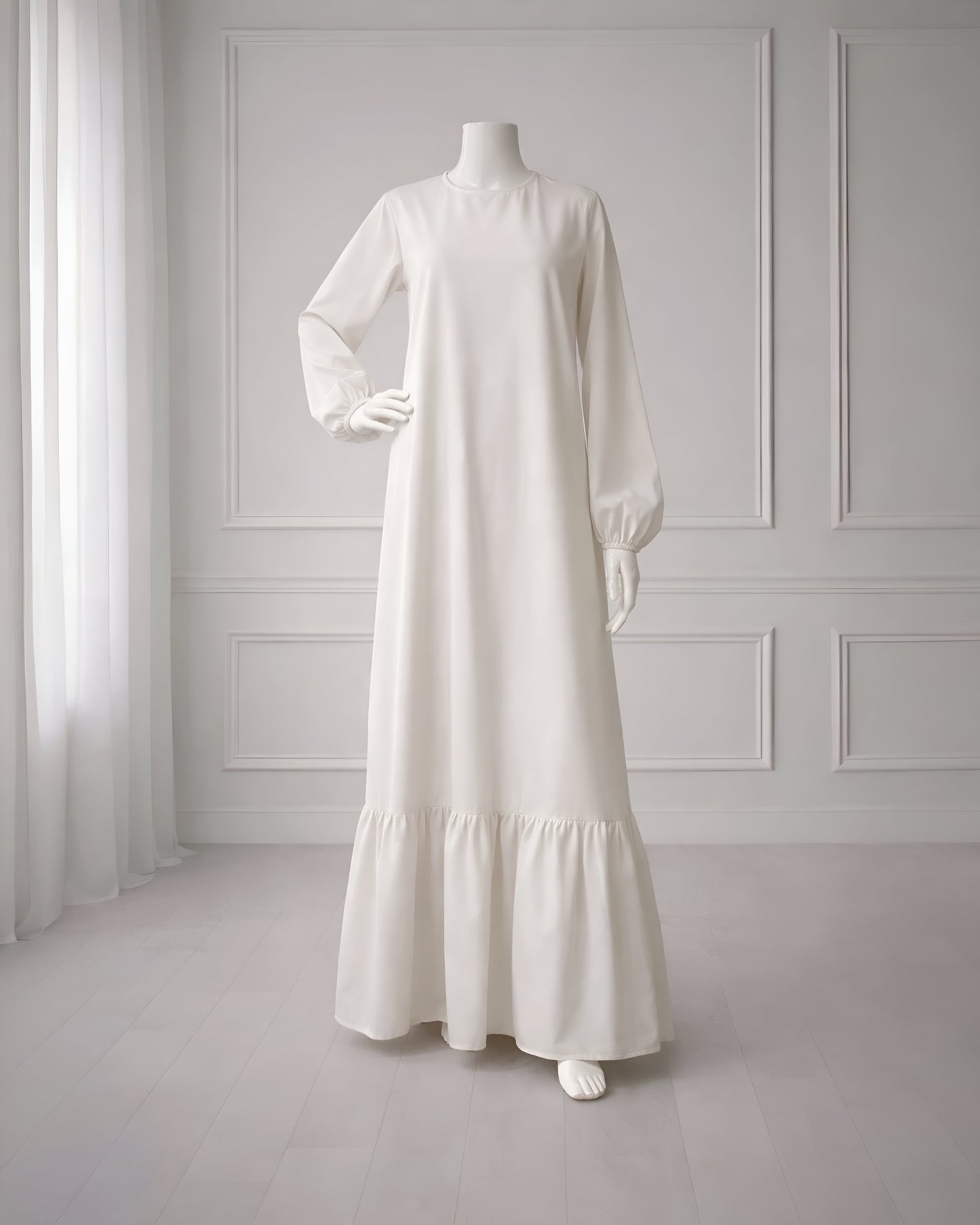 Soft maxi layering dress with ruffle hem and long sleeves, modest loose fit, lightweight fabric, suitable for layering or wearing alone