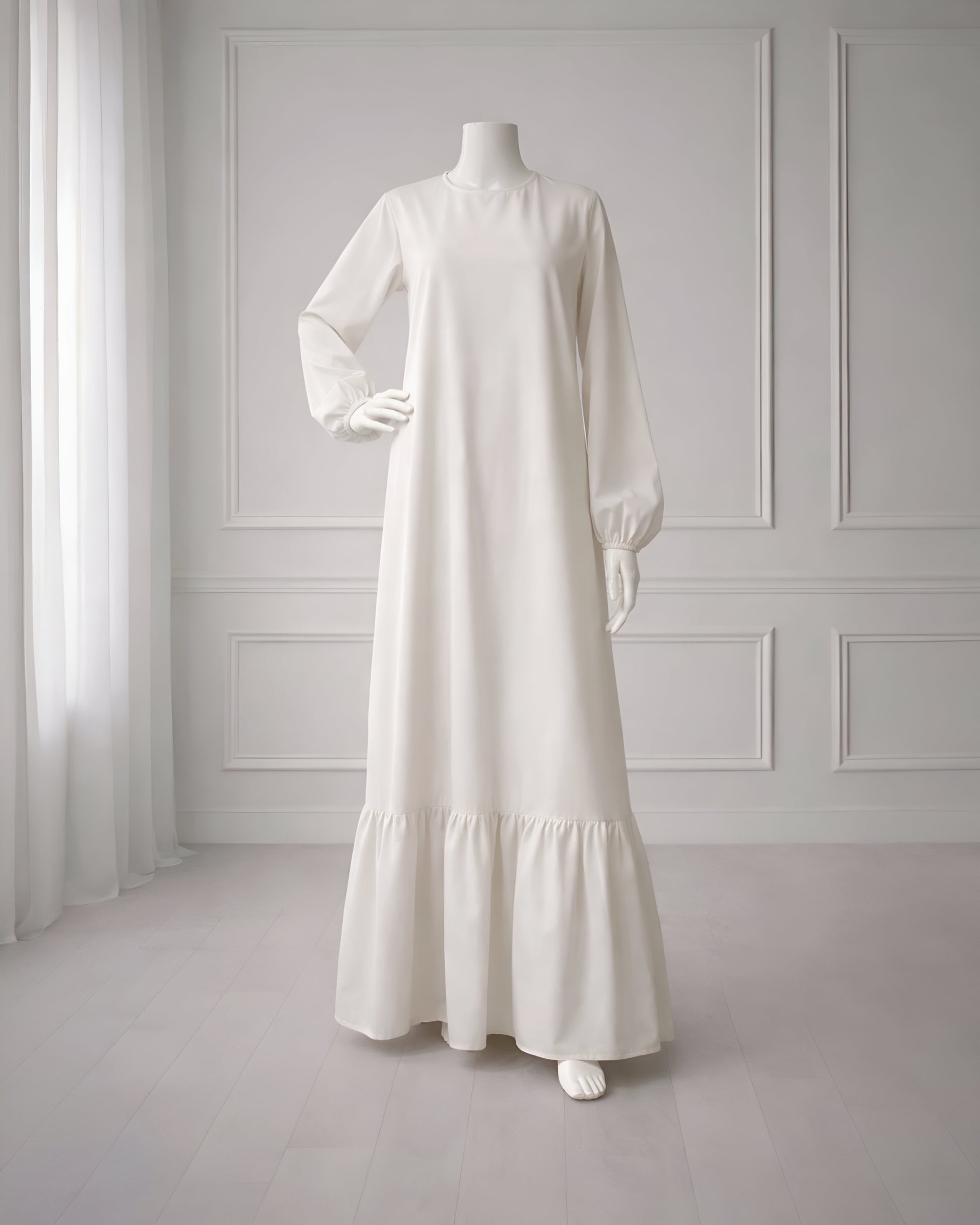 Soft maxi layering dress with ruffle hem and long sleeves, modest loose fit, lightweight fabric, suitable for layering or wearing alone