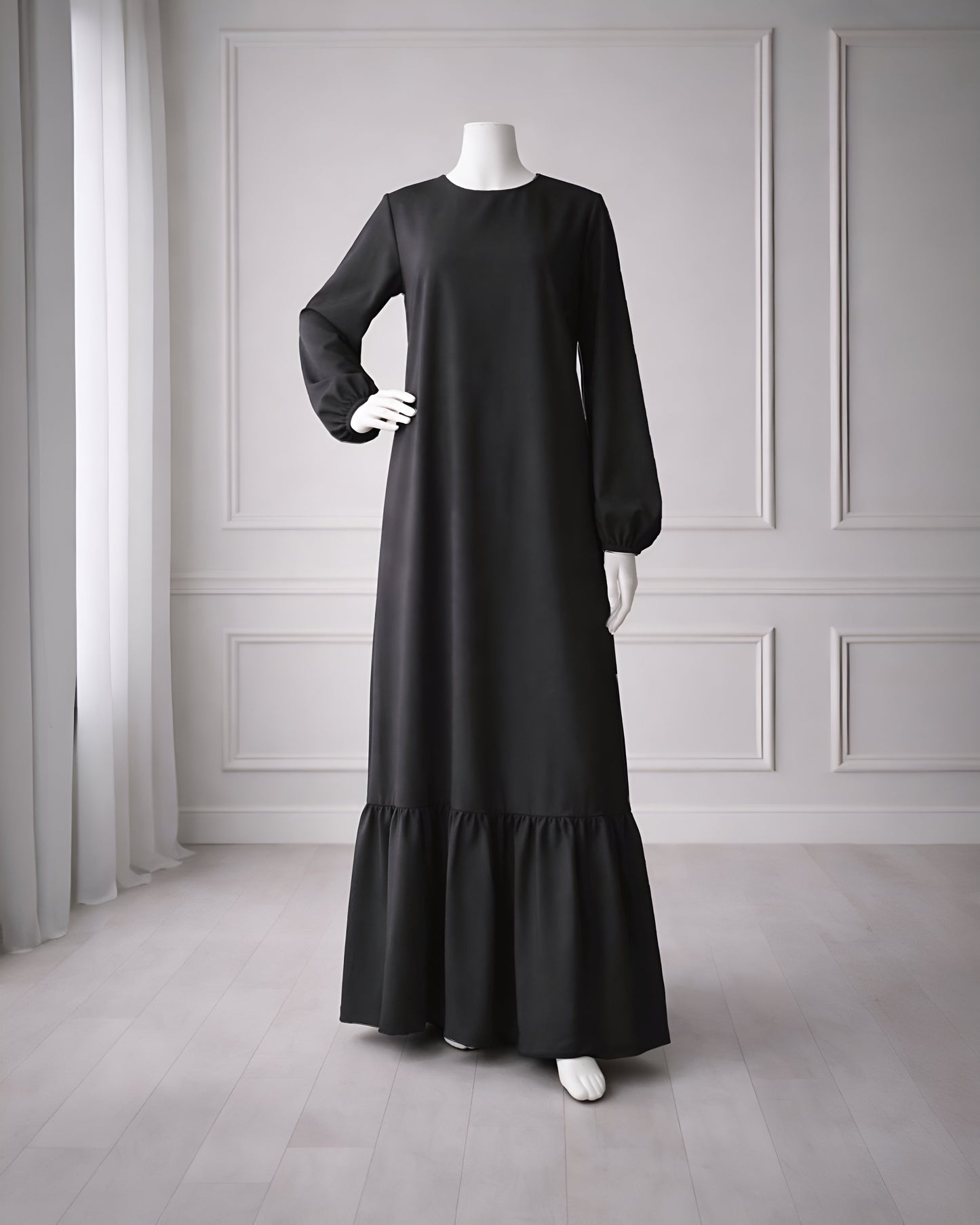 Soft maxi layering dress with ruffle hem and long sleeves, modest loose fit, lightweight fabric, suitable for layering or wearing alone