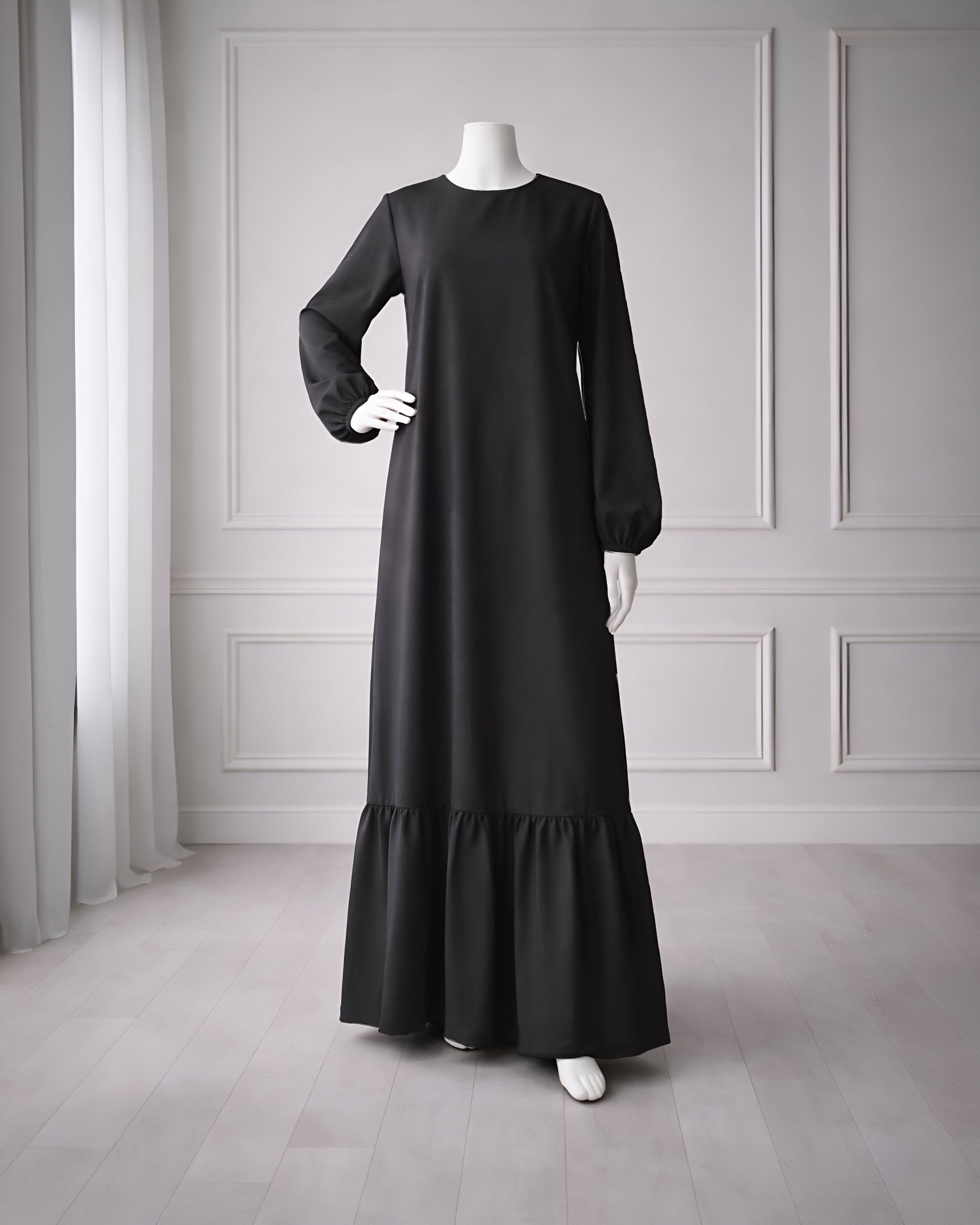 Soft maxi layering dress with ruffle hem and long sleeves, modest loose fit, lightweight fabric, suitable for layering or wearing alone