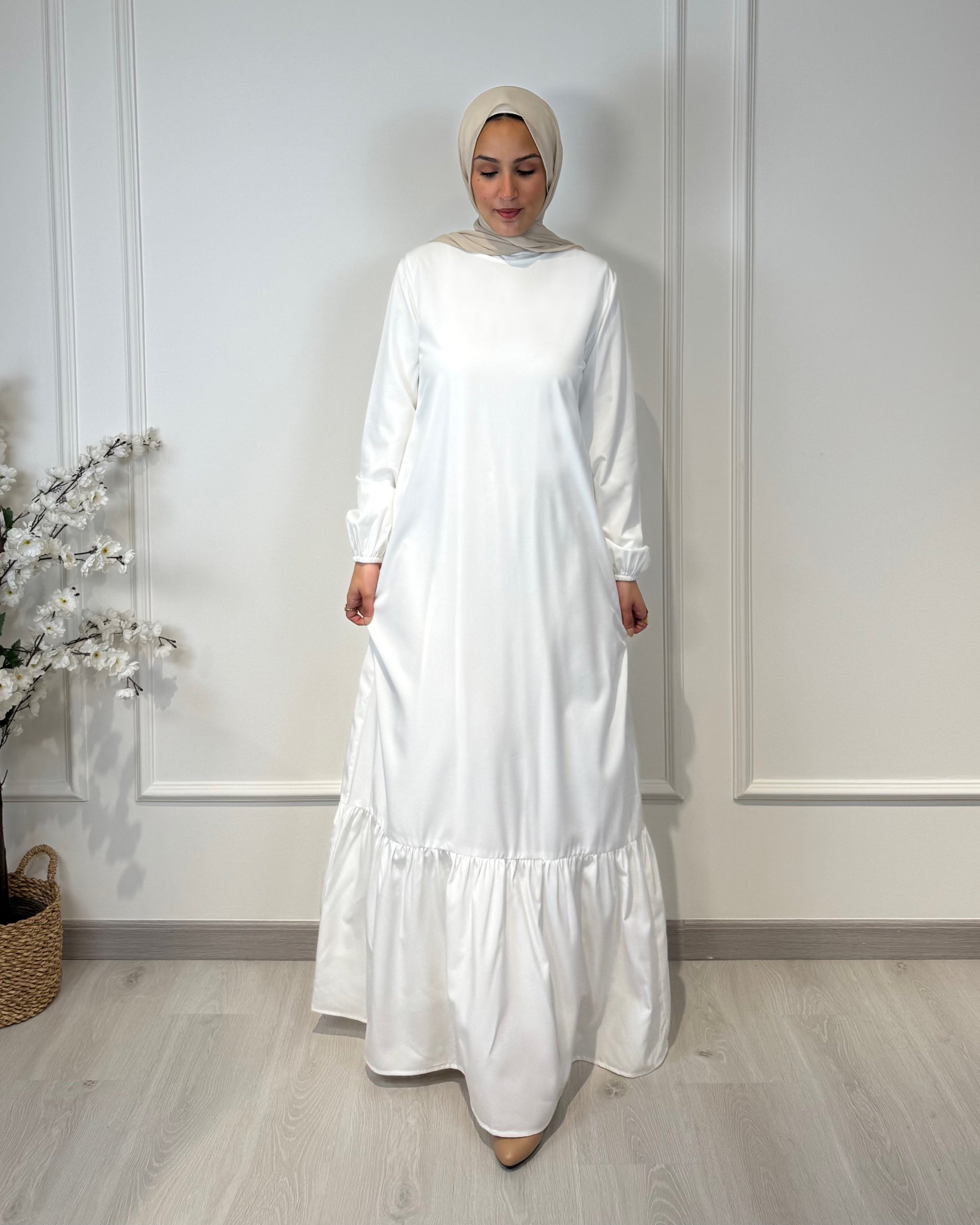 Soft maxi layering dress with ruffle hem and long sleeves, modest loose fit, lightweight fabric, suitable for layering or wearing alone