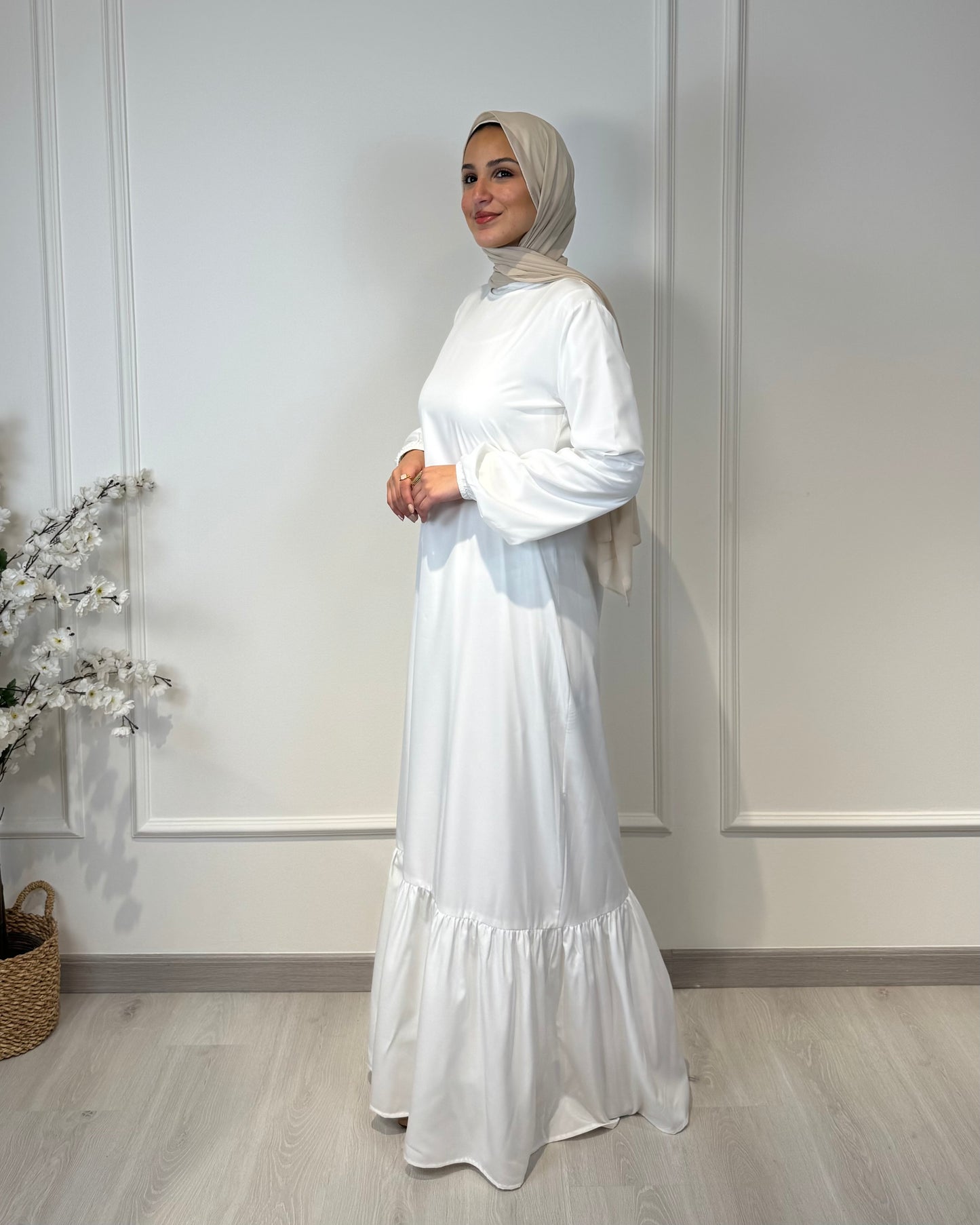 Soft maxi layering dress with ruffle hem and long sleeves, modest loose fit, lightweight fabric, suitable for layering or wearing alone