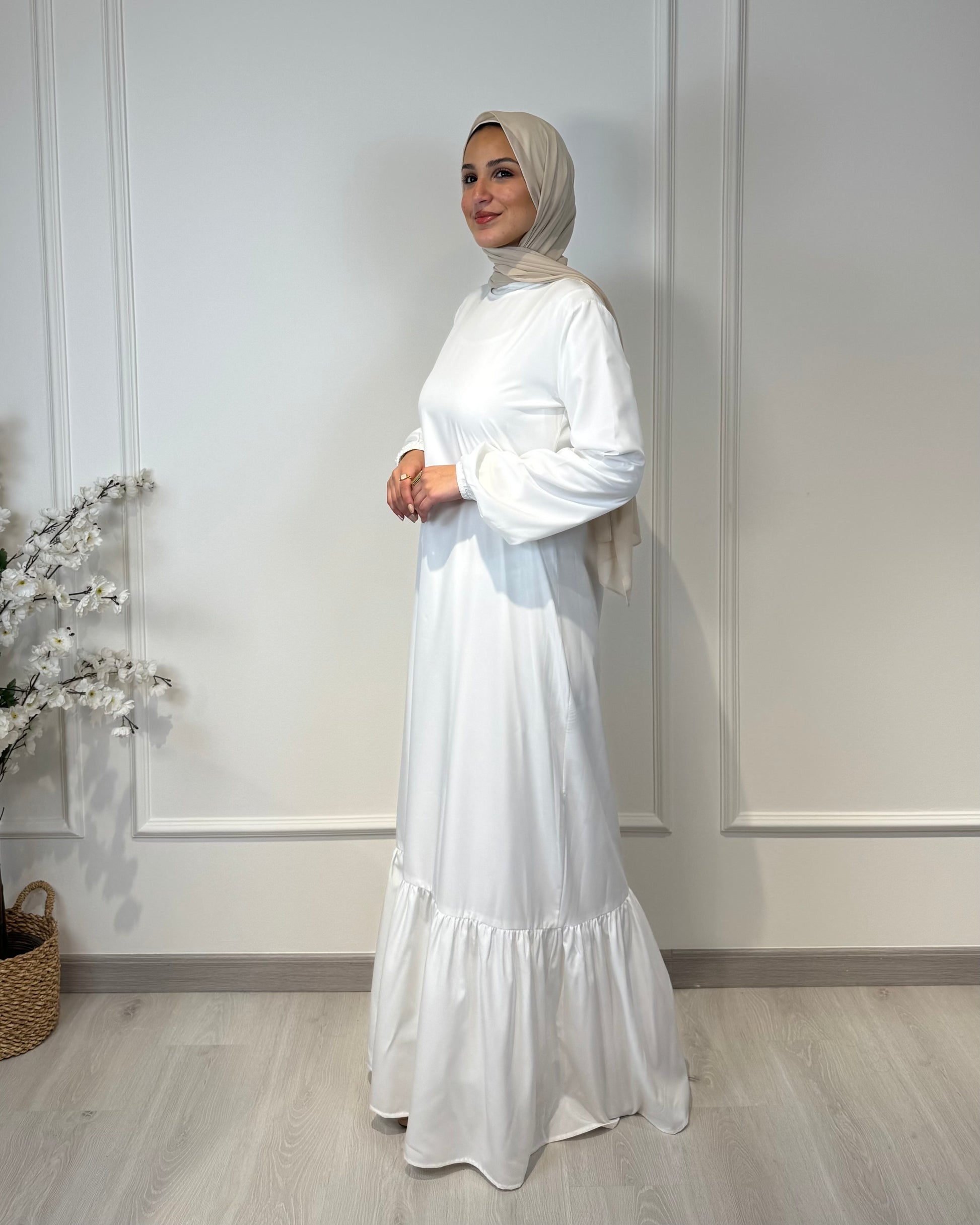 Soft maxi layering dress with ruffle hem and long sleeves, modest loose fit, lightweight fabric, suitable for layering or wearing alone