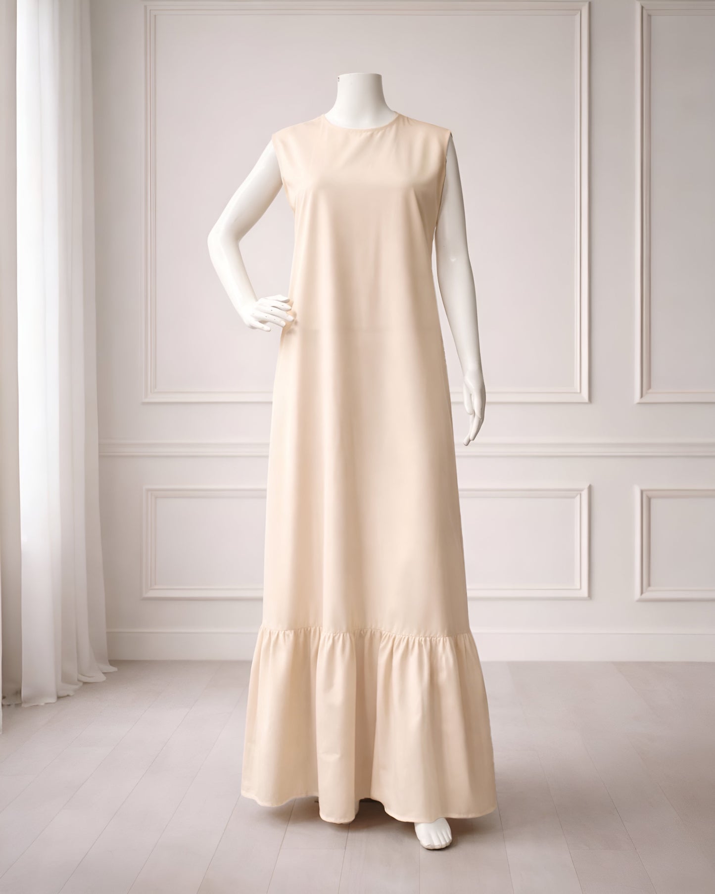Soft maxi layering dress with ruffle hem and sleeveless, modest loose fit, lightweight fabric, suitable for layering or wearing alone
