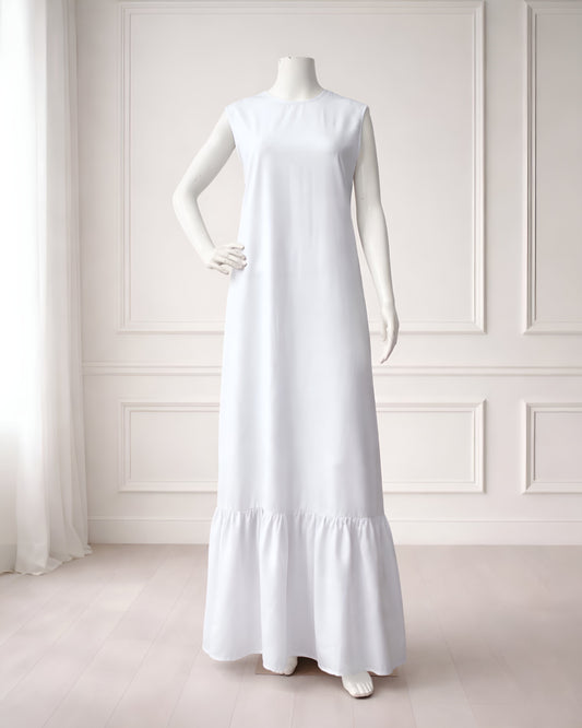 Soft maxi layering dress with ruffle hem and sleeveless, modest loose fit, lightweight fabric, suitable for layering or wearing alone